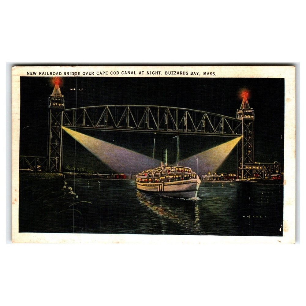 Vintage 1936 Cape Cod Canal Railroad Bridge Night View Postcard